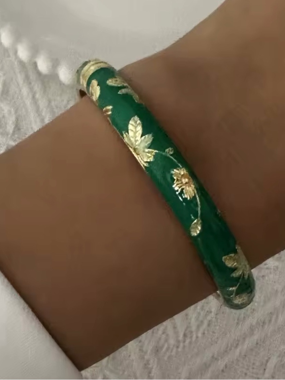 Green and Gold Floral Enamel Bracelet by